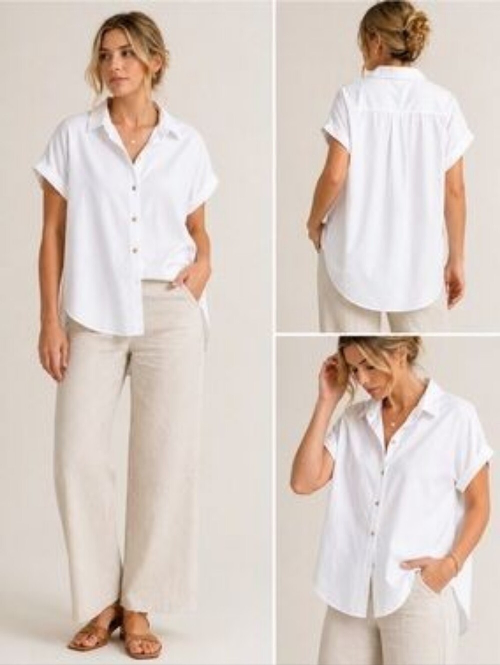 Lola River White Short Rolled Sleeve Button Down Shirt Blouse Size Small Neutral